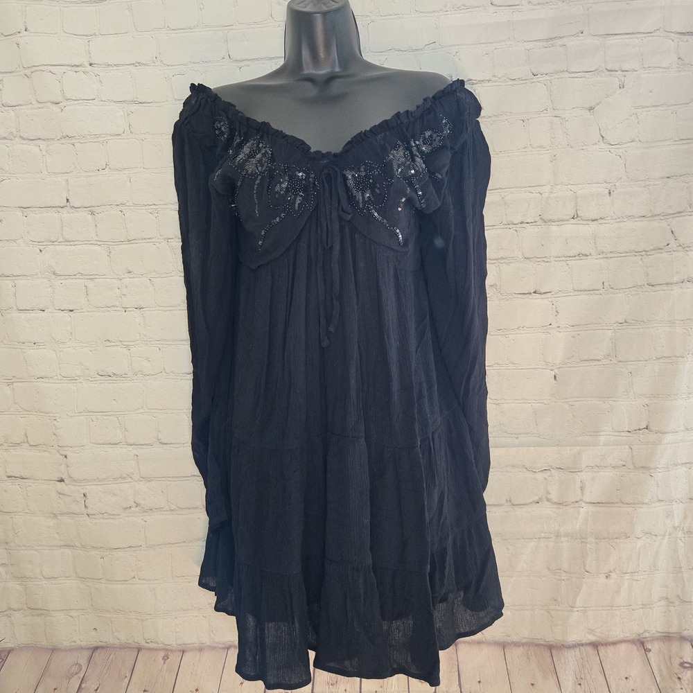 Chelsea & Violet black Beaded gauzy Milkmaid  peasant mini dress FairyGrunge Y2k